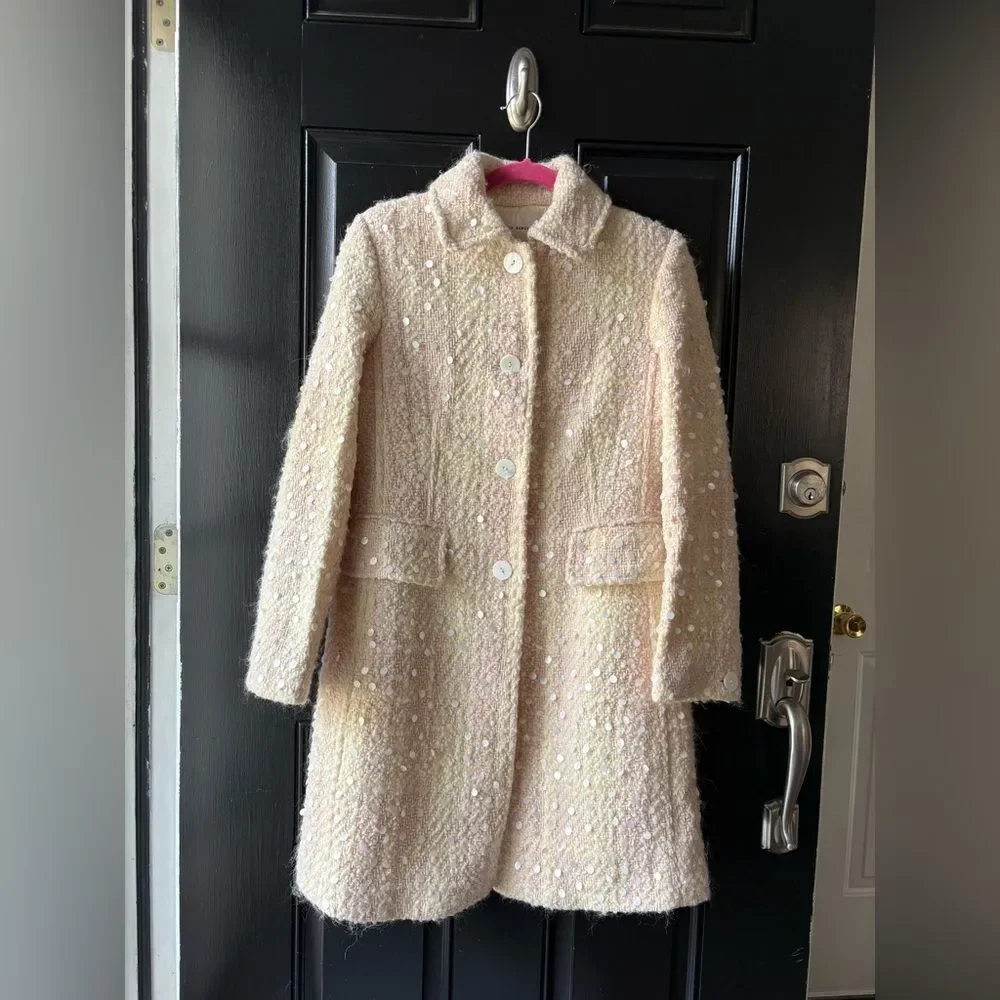 VTG Banana Republic Cream Pink Wool Sequin Coat Size MP - Picture 3 of 12
